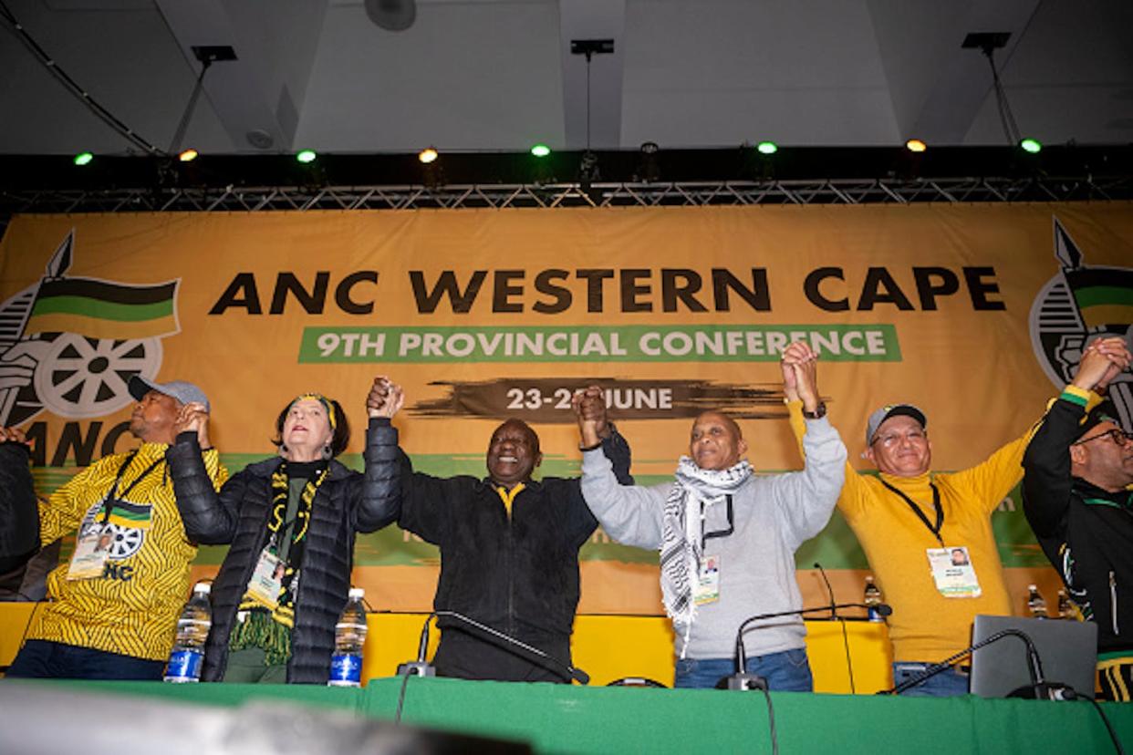 President Cyril Ramaphosa congratulates the new leaders of the ANC in the Western Cape. Jaco Marais/Die Burger/Gallo Images via Getty Images