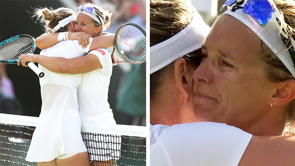 Simona Halep embraces Kirsten Flipkens (pictured left) at Wimbledon after her singles retirement.