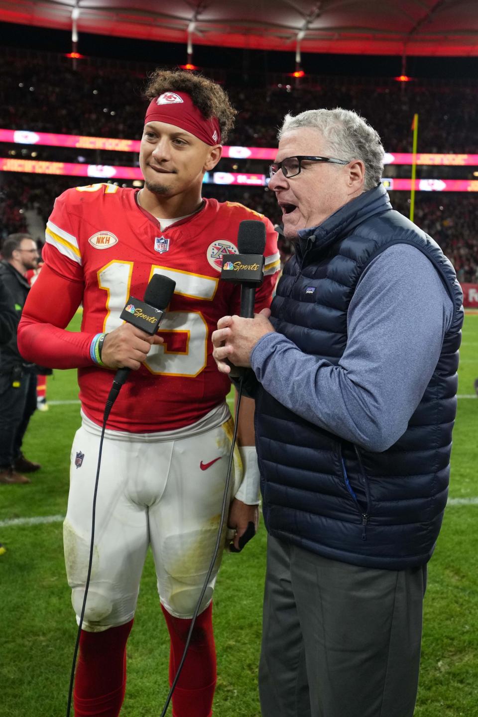 Reporting for NBC Sports, Peter King interviews Chiefs quarterback Patrick Mahomes after a Nov 5, 2023, game against the Dolphins in Frankfurt, Germany.