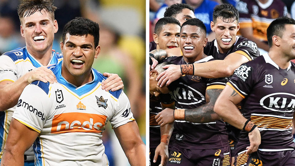 The Brisbane Broncos (pictured right) celebrating a try and the Gold Coast Titans (pictured left) celebrating.