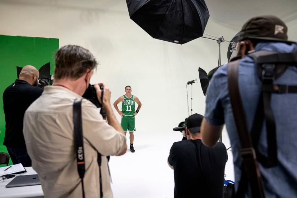 CANTON, MA - SEPTEMBER 26: Payton Pritchard #11 of the Boston Celtics poses for photos during Boston Celtics Media Day at High Output Studios on September 26, 2022 in Canton, Massachusetts. NOTE TO USER: User expressly acknowledges and agrees that, by downloading and/or using this photograph, user is consenting to the terms and conditions of the Getty Images License Agreement. (Photo by Maddie Malhotra/Getty Images)