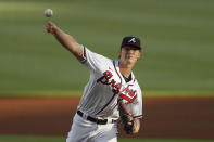 Atlanta Braves starting pitcher Mike Soroka works in the first inning of a baseball game against the New York Mets, Monday, Aug. 3, 2020, in Atlanta. (AP Photo/John Bazemore)