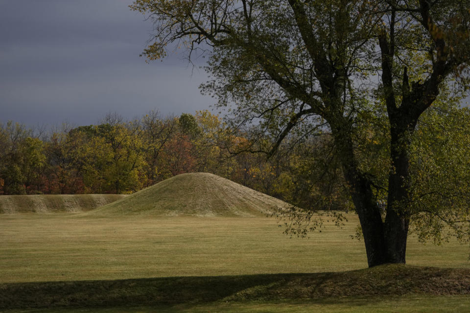 Mounds, of the Mound City Group, are seen at Hopewell Culture National Historical Park in Chillicothe, Ohio, Saturday, Oct. 14, 2023, before the Hopewell Ceremonial Earthworks UNESCO World Heritage Inscription Commemoration ceremony. A network of ancient American Indian ceremonial and burial mounds in Ohio noted for their good condition, distinct style and cultural significance, including Hopewell Culture National Historical Park, was added to the list of UNESCO World Heritage sites. (AP Photo/Carolyn Kaster)