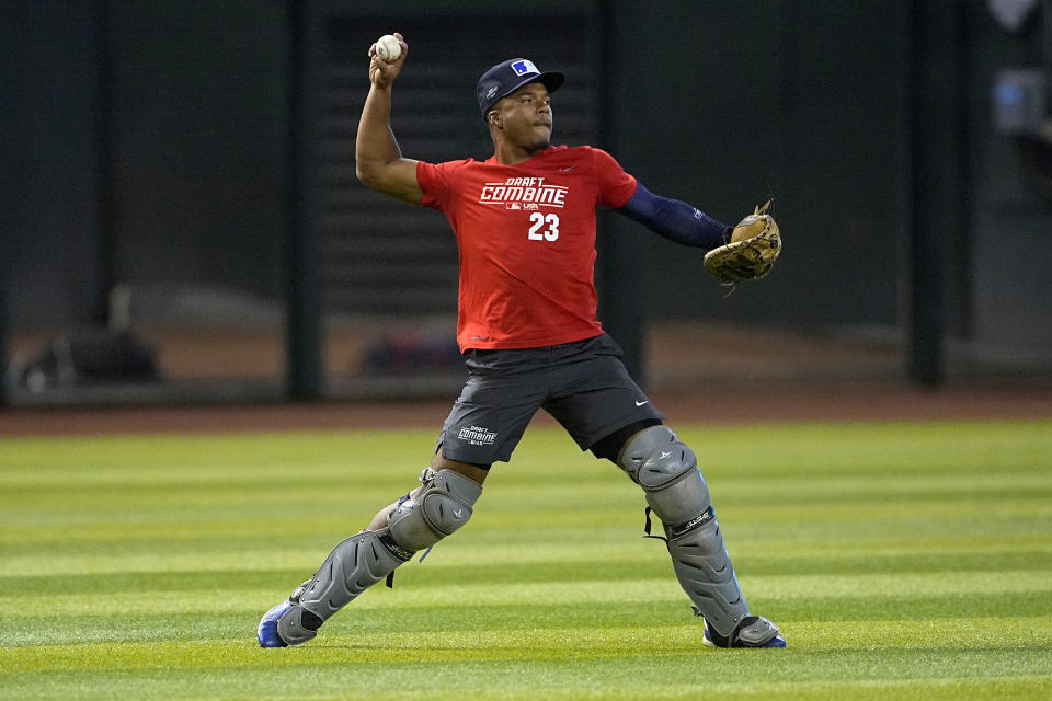 Draft prospect Zion Rose participates in the MLB baseball draft combine, Tuesday, June 20, 2023, in Phoenix. (AP Photo/Matt York)