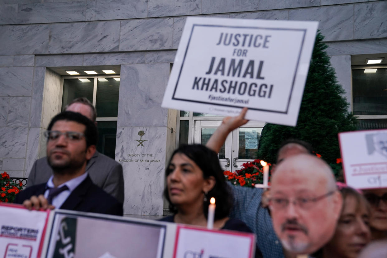 The Committee to Protect Journalists and other press freedom activists hold a candlelight vigil in front of the Saudi Embassy to mark the anniversary of the killing of journalist Jamal Khashoggi at the kingdom's consulate in Istanbul, Wednesday evening in Washington, U.S., October 2, 2019. REUTERS/Sarah Silbiger