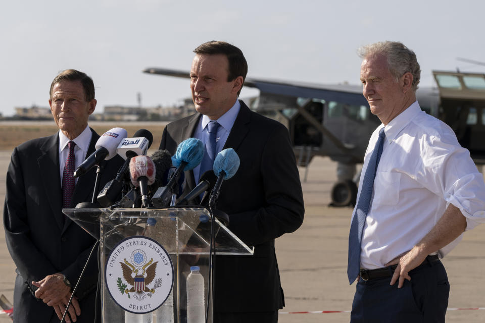 Sen. Chris Murphy, D-C.T., center, Sen. Chris Van Hollen, D-Md., right, and Sen. Richard Blumenthal, D-C.T., attend a press conference at the military airbase in Beirut airport, Lebanon, Wednesday, Sept. 1, 2021. A delegation of four U.S. senators visiting Lebanon promised to work on easing Lebanon's crippling economic crisis. (AP Photo/ Hassan Ammar)