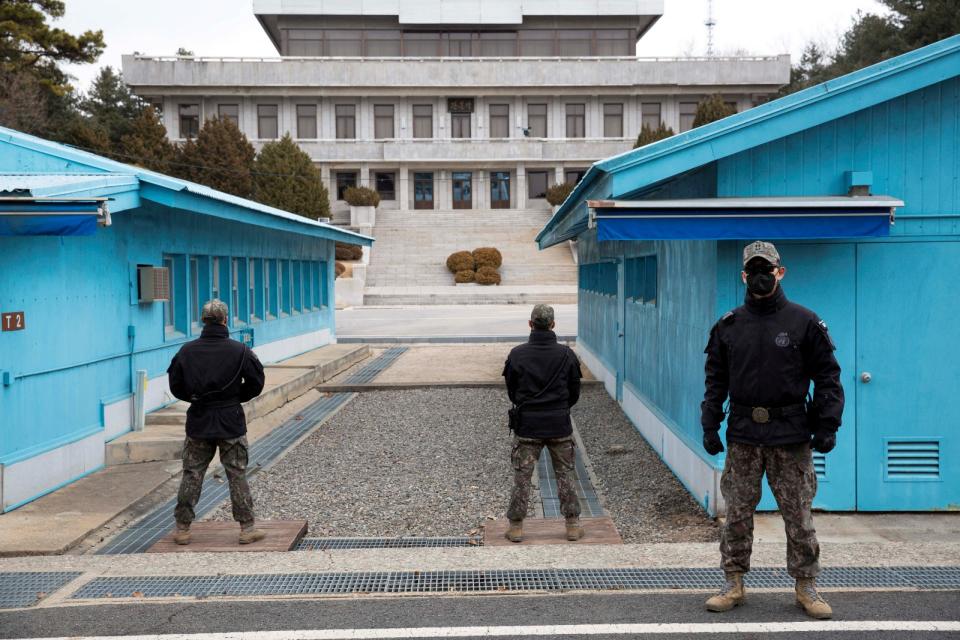 南韓士兵位在板門店的南北韓非軍事區（DMZ）。路透社資料照