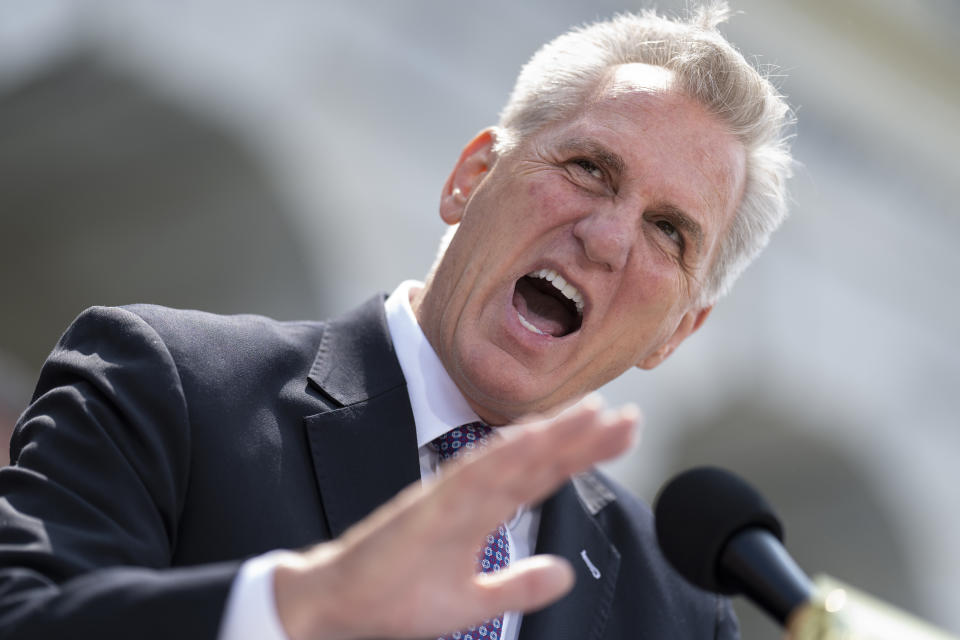 FILE - Speaker of the House Kevin McCarthy, R-Calif., criticizes President Joe Biden's policies and efforts on the debt limit negotiations as he holds a news conference at the Capitol in Washington, Wednesday, May 17, 2023. McCarthy and Biden have tasked a handful of representatives to try and close out a final deal. The negotiations came to an abrupt halt at the Capitol, Friday, May 19, as a top mediator for McCarthy said it's time to “pause” negotiations. A White House official acknowledged there are “real differences” that are making talks difficult. (AP Photo/J. Scott Applewhite, File)