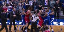 <p>Robin Lopez and Serge Ibaka get into a heated confrontation lat in Tuesday night’s game at the Air Canada Centre. (Yahoo 7Sport) </p>