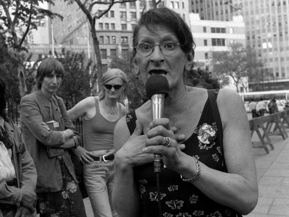 Sylvia Rivera speaks during a rally in City Hall Park in New York City in 2001.