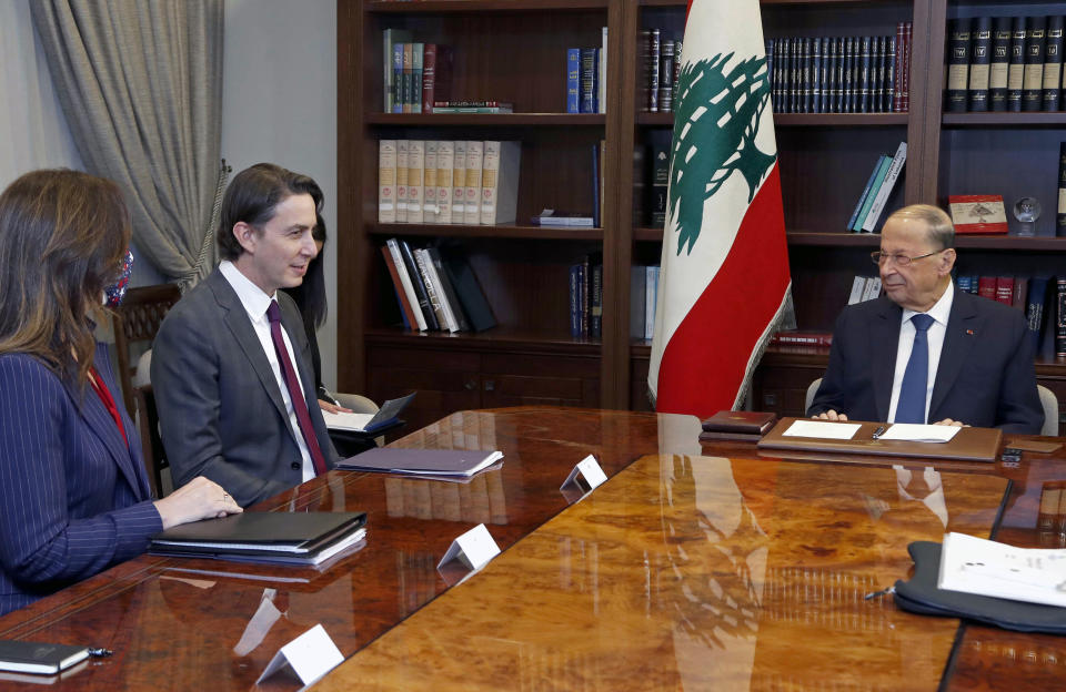 FILE - In this photo released by Lebanese government, Lebanese President Michel Aoun, right, meets with U.S. Envoy for Energy Affairs Amos Hochstein, center, and U.S. Ambassador to Lebanon Dorothy Shea, left, at the presidential palace in Baabda, east of Beirut, Lebanon, Feb. 9, 2022. On Monday, June 6, 2022, the Lebanese government invited Hochstein, a U.S. envoy mediating between Lebanon and Israel over their disputed maritime border to return to Beirut to conclude an agreement as soon as possible amid rising tensions along the border. (Dalati Nohra/Lebanese Official Government via AP, File)