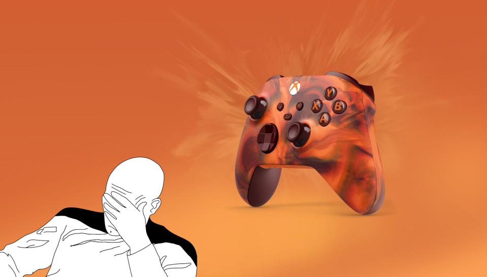 Picard meme covering his face over the reveal of a new controller