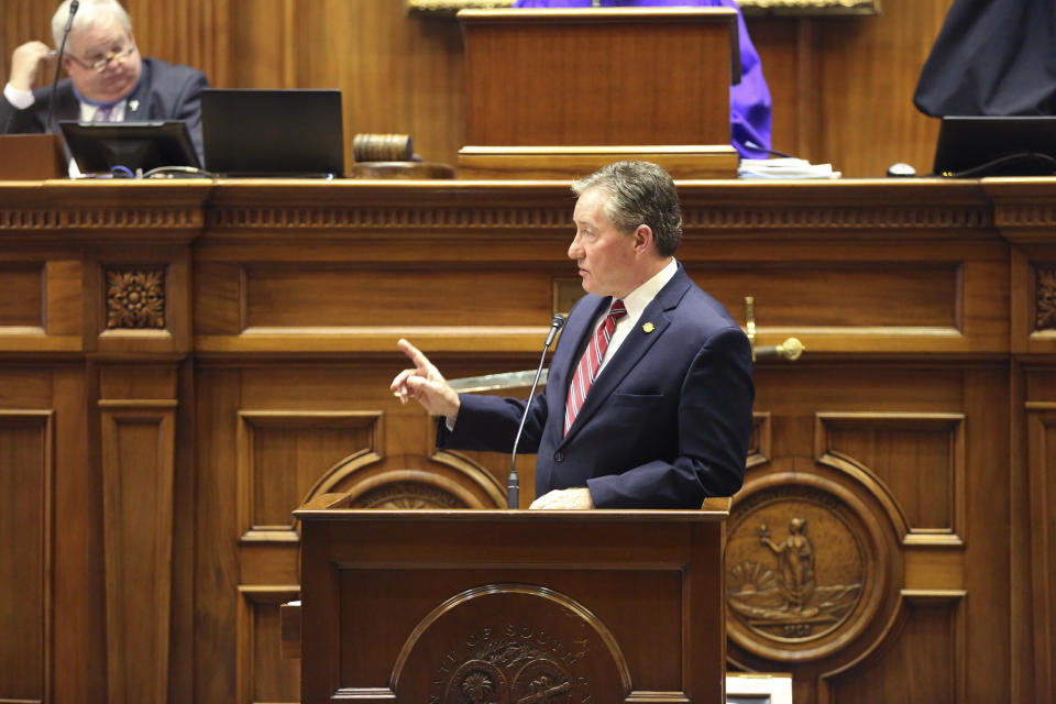 South Carolina Sen. Greg Hembree, R-Little River, speaks in favor of a bill that would add the firing squad to the electric chair and lethal injection as execution methods in the state on Tuesday, March 2, 2021, in Columbia, S.C. The state hasn't had the chemicals to do lethal injection for years. (AP Photo/Jeffrey Collins)