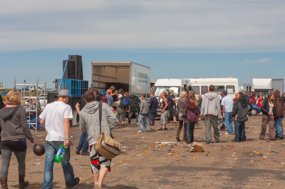 Illegal rave, sound stage and dancers, Dale Airfield, May 2010, Pembrokeshire, Wales, UK, Europe