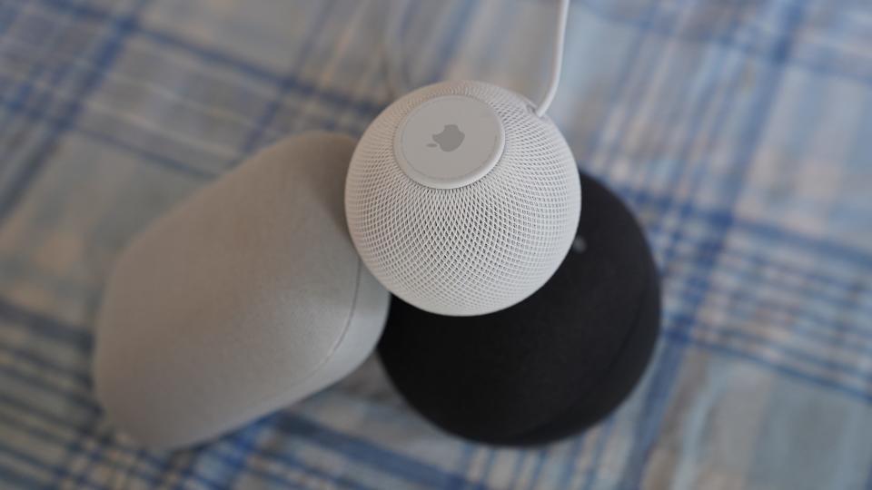 Apple HomePod Mini (top) with Google Nest Audio and Amazon Echo below