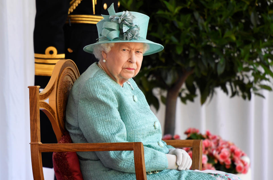 WINDSOR, ENGLAND - JUNE 13:  Queen Elizabeth II attends a ceremony to mark her official birthday at Windsor Castle on June 13, 2020 in Windsor, England. The Queen celebrates her 94th birthday this year, in line with Government advice, it was agreed that The Queen's Birthday Parade, also known as Trooping the Colour, would not go ahead in its traditional form. (Photo by Toby Melville - WPA Pool/Getty Images)