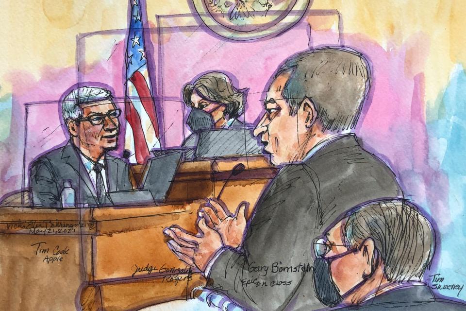 In this courtroom sketch Apple CEO Tim Cook, left, is cross examined by Epic Games lawyer Gary Bornstein, second from right, during a trial in San Ramon, Calif., on Friday, May 21, 2021.