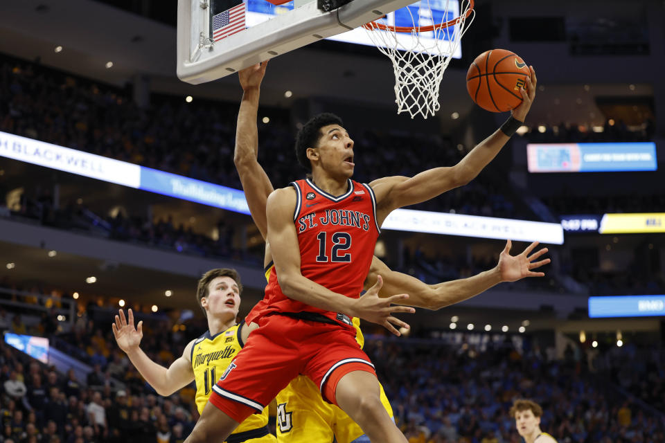 St. John's RJ Luis Jr. shoots against Marquette during the second half of an NCAA college basketball game Saturday, Feb. 10, 2024, in Milwaukee. (AP Photo/Jeffrey Phelps)