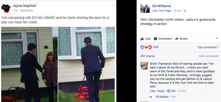 Ed Miliband showed off his mowing skills while trying to win votes for Labour (Facebook)