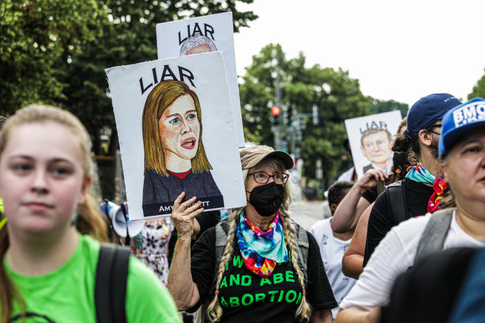 Abortion rights activists march in Washington, D.C., on June 13.