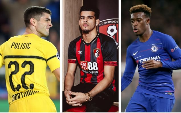 Christian Pulisic (left) and Dominic Solanke (centre) have moved this month, but Callum Hudson-Odoi (right) has remained at Chelsea - getty images