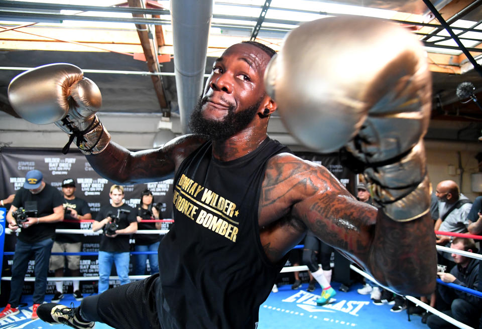 WBC heavyweight champion Deontay Wilder works out for the media at Churchill Boxing Club on Nov. 5, 2018 in Santa Monica, California. (Getty Images)