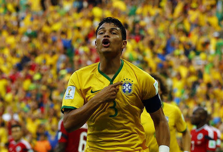 Brazil's Thiago Silva celebrates after scoring against Colombia during their 2014 World Cup quarter-finals at the Castelao arena in Fortaleza July 4, 2014. REUTERS/Marcelo Del Pozo