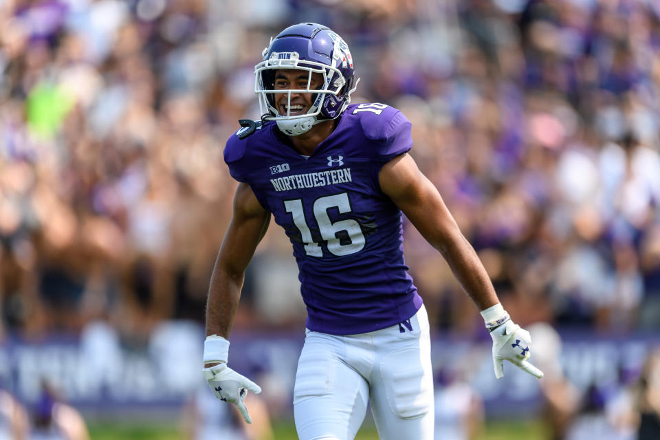 EVANSTON, IL - SEPTEMBER 11: Northwestern Wildcats safety Brandon Joseph (16) celebrates a long punt return in the 3rd quarter during a college football game between the Indiana State Sycamores and the Northwestern Wildcats on September 11, 2021, at Ryan Field in Evanston, IL. Northwestern won 24-6. (Photo by Daniel Bartel/Icon Sportswire via Getty Images)