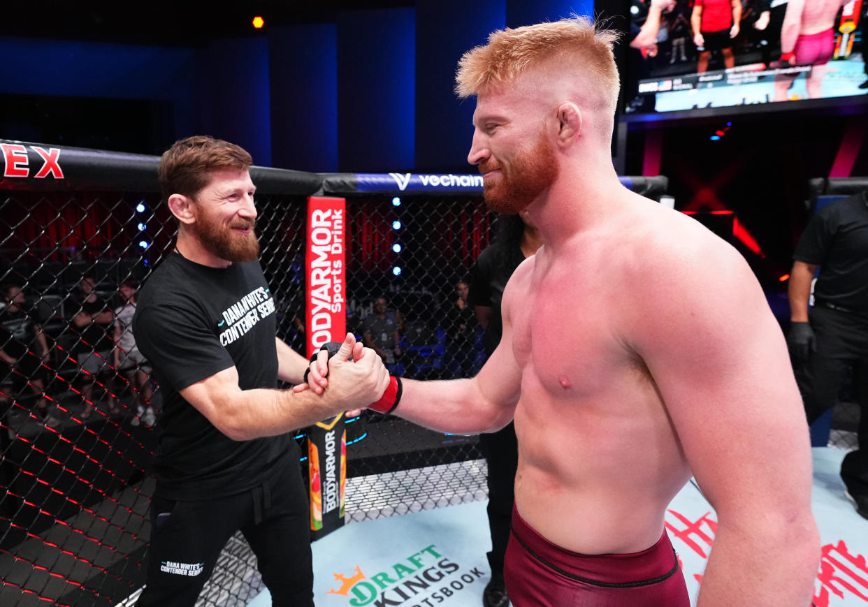 LAS VEGAS, NEVADA - SEPTEMBER 27: Bo Nickal reacts after his submission victory over Donovan Beard in a middleweight fight during Dana White's Contender Series season six, week ten at UFC APEX on September 27, 2022 in Las Vegas, Nevada. (Photo by Chris Unger/Zuffa LLC)