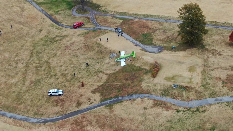 An overhead photo of a small plane's crash landing at Helfirch Golf Course in Evansville.