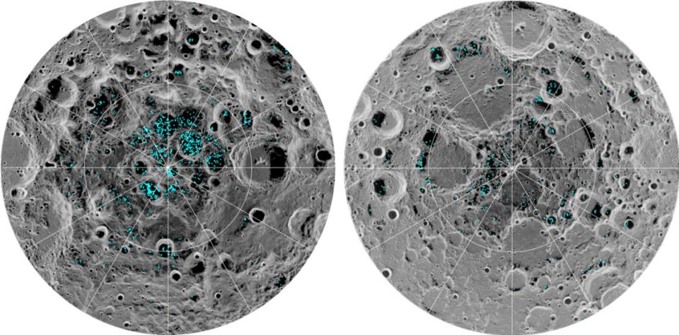ice water map moon lunar north south poles polar deposits shadowed craters pnas nasa