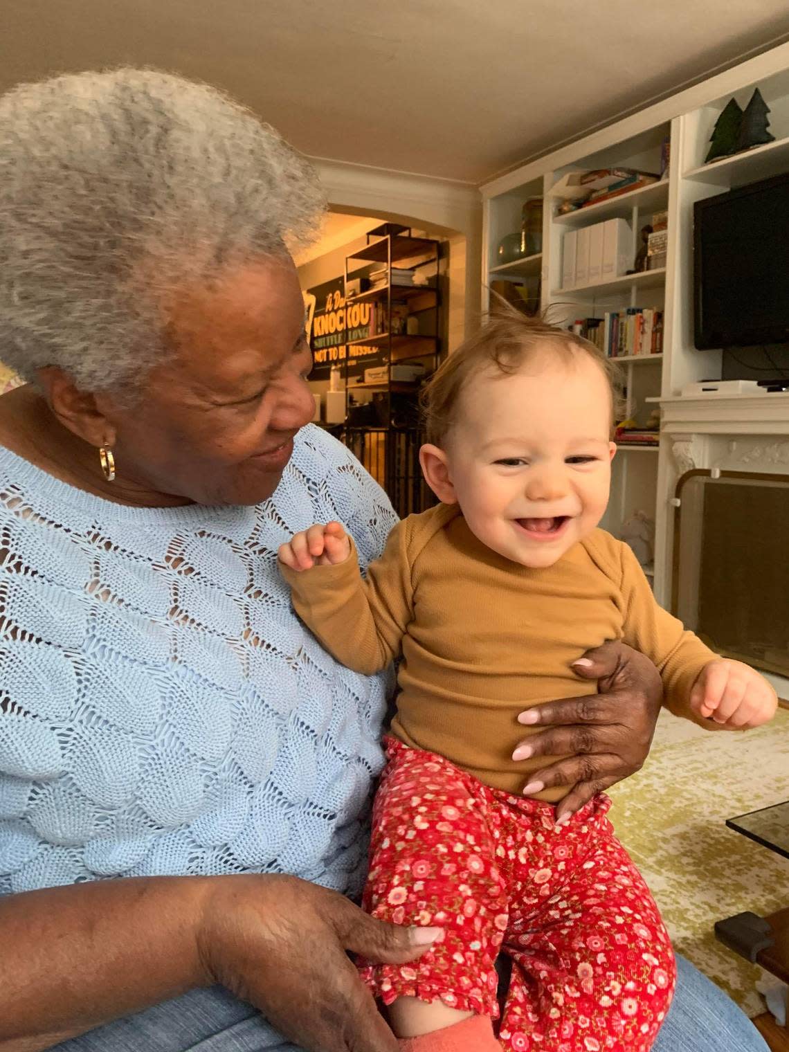 Bea Hines with her 10-month-old great-granddaughter, Loretta Jane, on April 14, 2021. Loretta was born during the pandemic and lives in New York. Bea flew to New York to meet her for the first time.