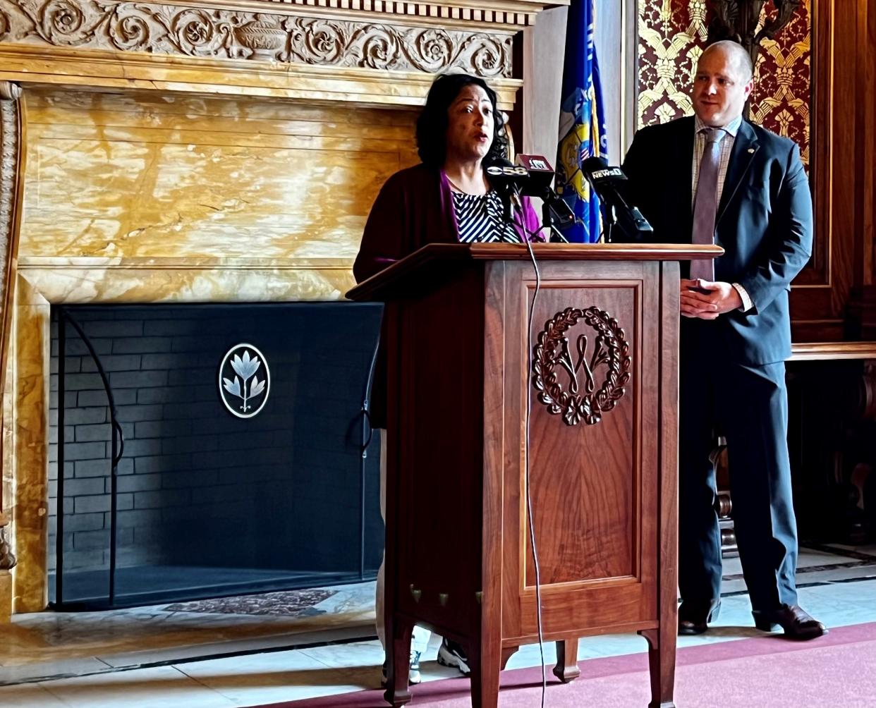 Rep. Sylvia Ortiz-Velez, D-Milwaukee, speaks to reporters at the Wisconsin State Capitol on Tuesday about legislation she is introducing with Rep. Shae Sortwell, R-Gibson.