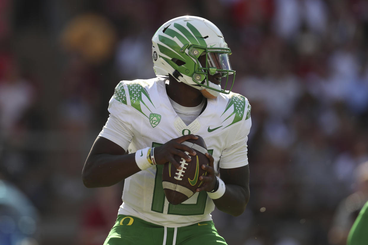 Oregon's Anthony Brown throws against Stanford during the first half of an NCAA college football game in Stanford, Calif., Saturday, Oct. 2, 2021. (AP Photo/Jed Jacobsohn)