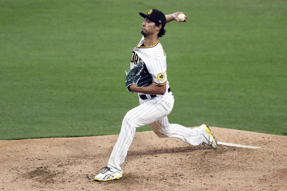 San Diego Padres starting pitcher Yu Darvish throws against the San Francisco Giants in the fifth inning of a baseball game Tuesday, April 6, 2021, in San Diego. (AP Photo/Derrick Tuskan)