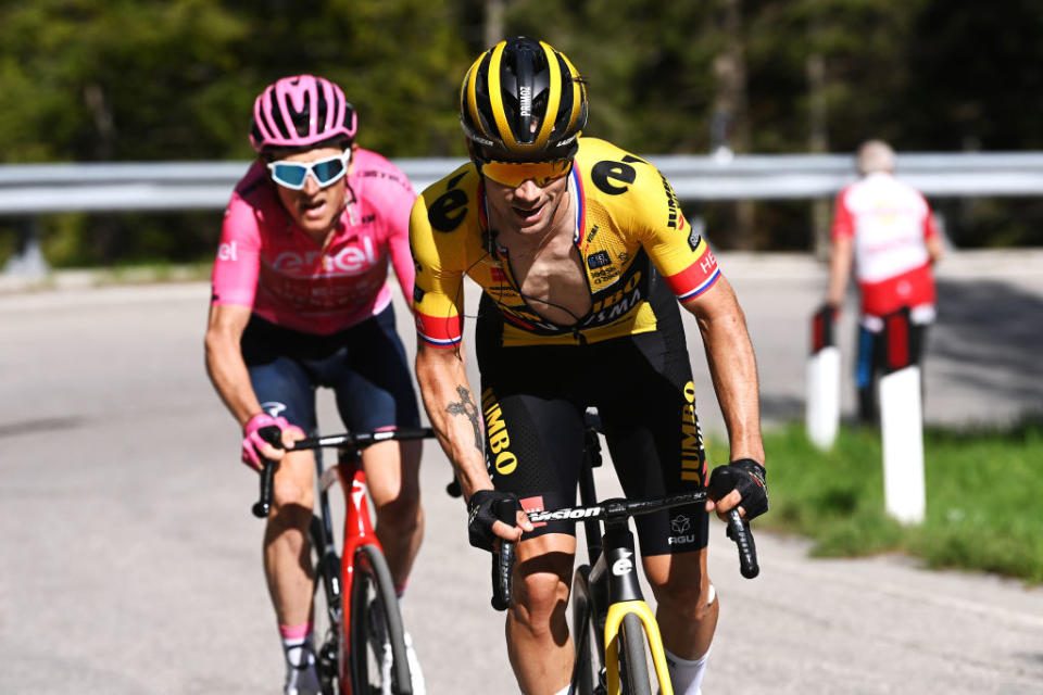 VAL DI ZOLDO  PALAFAVERA ITALY  MAY 25 LR Geraint Thomas of The United Kingdom and Team INEOS Grenadiers  Pink Leader Jersey and Primo Rogli of Slovenia and Team JumboVisma compete in the chase group during the 106th Giro dItalia 2023 Stage 18 a 161km stage from Oderzo to Val di Zoldo  Palafavera 1514m  UCIWT  on May 25 2023 in Val di Zoldo  Palafavera Italy Photo by Tim de WaeleGetty Images