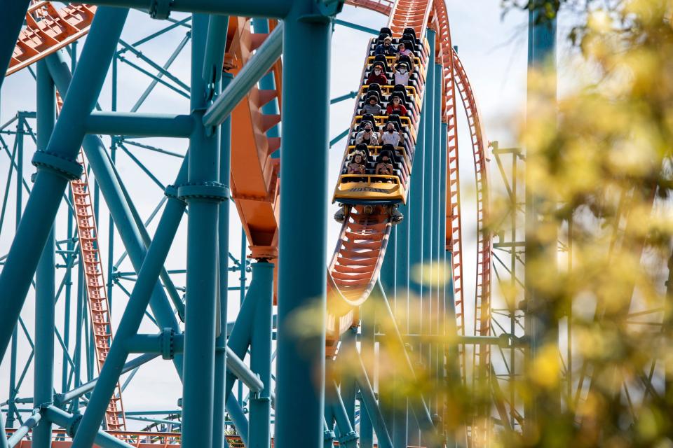 Visitors ride the Goliath roller coaster at Six Flags Magic Mountain in Southern California.