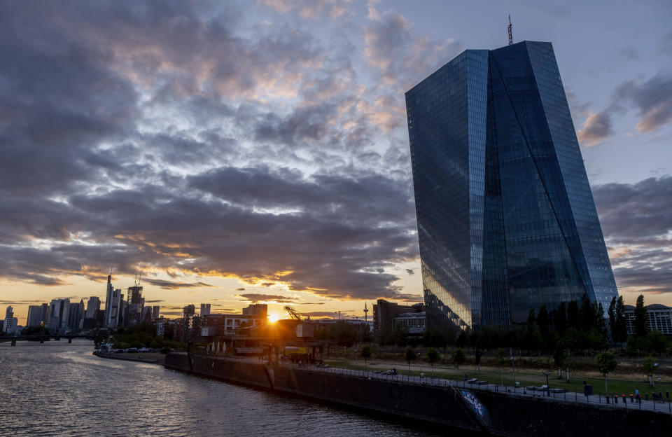 The sun sets next to the European Central Bank in Frankfurt, Germany, Monday, July 24, 2023. The European Central Bank is set to raise interest rates again Thursday. Economists are saying it could be the last hike in a rapid-fire series that started a year ago. (AP Photo/Michael Probst)