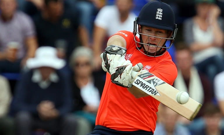 England's Eoin Morgan plays a shot during a Twenty20 match against Australia at The Swalec Stadium in Cardiff, south Wales, on August 31, 2015