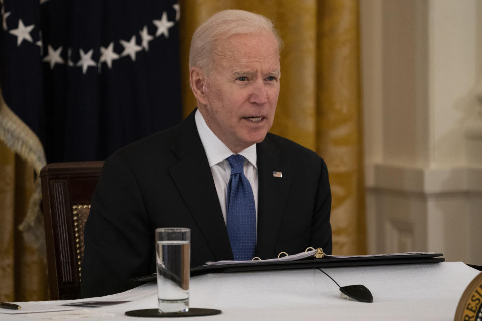 President Joe Biden speaks during a Cabinet meeting in the East Room of the White House, Thursday, April 1, 2021, in Washington. (AP Photo/Evan Vucci)