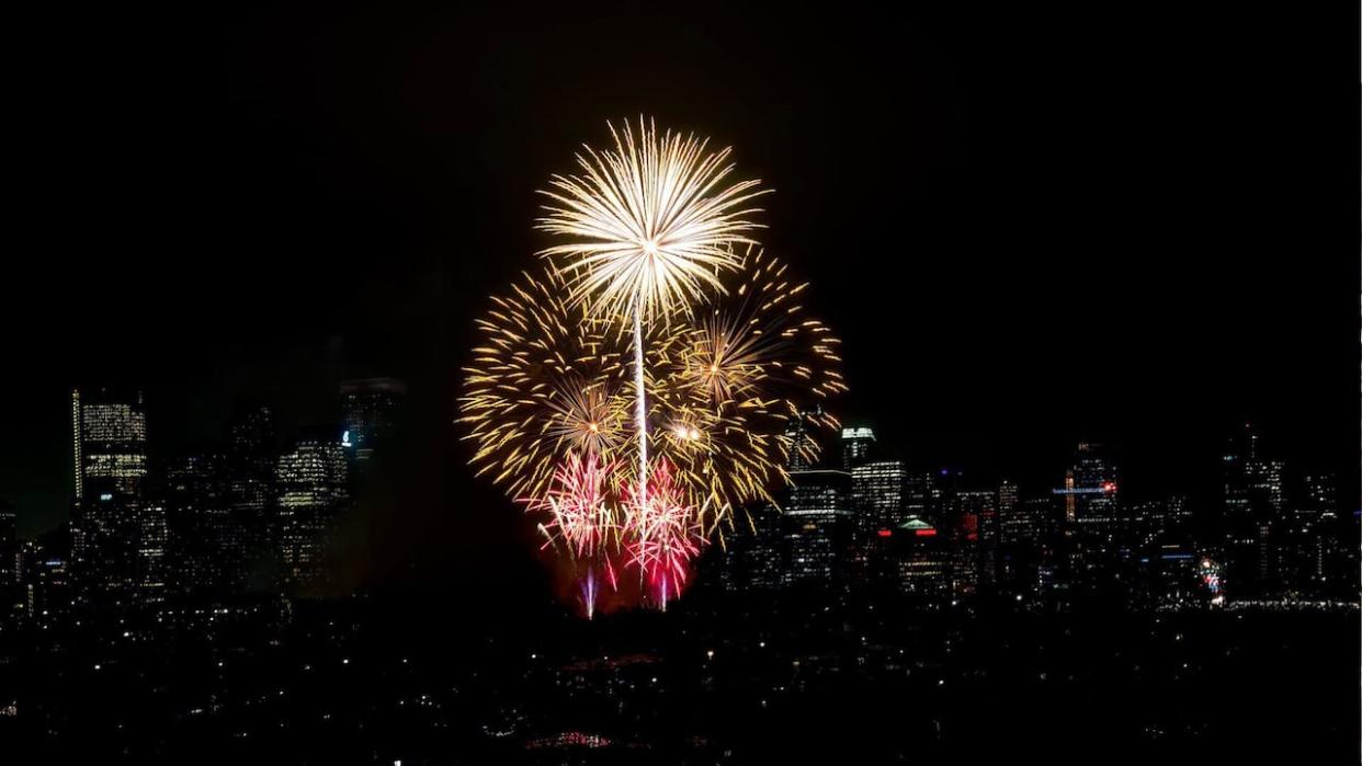 Ronan McGurk captured this shot of fireworks exploding in the night sky above Calgary's downtown from the west end of Crescent Road N.W. on Dec. 31, 2023. (Submitted by Ronan McGurk - image credit)