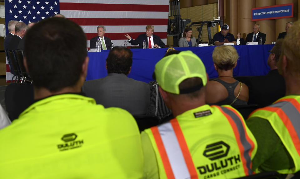 President Donald Trump speaks during a roundtable discussion on protecting American workers in Duluth, Minn., Wednesday, June 20, 2018. (AP Photo/Susan Walsh)