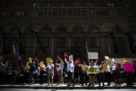 FILE - In this Tuesday, May 21, 2019 file photo, women's rights advocates demonstrate in Philadelphia against recent abortion bans put forward in several state legislatures. There have been major shifts in anti-abortion tactics. Compared to the 1990s, there are fewer mass demonstrations and clinic blockades, and far more success passing anti-abortion laws in Republican-controlled state legislatures. In the five years preceding this year's sweeping bans, scores of other laws have been passed to restrict abortion access. (AP Photo/Matt Rourke)