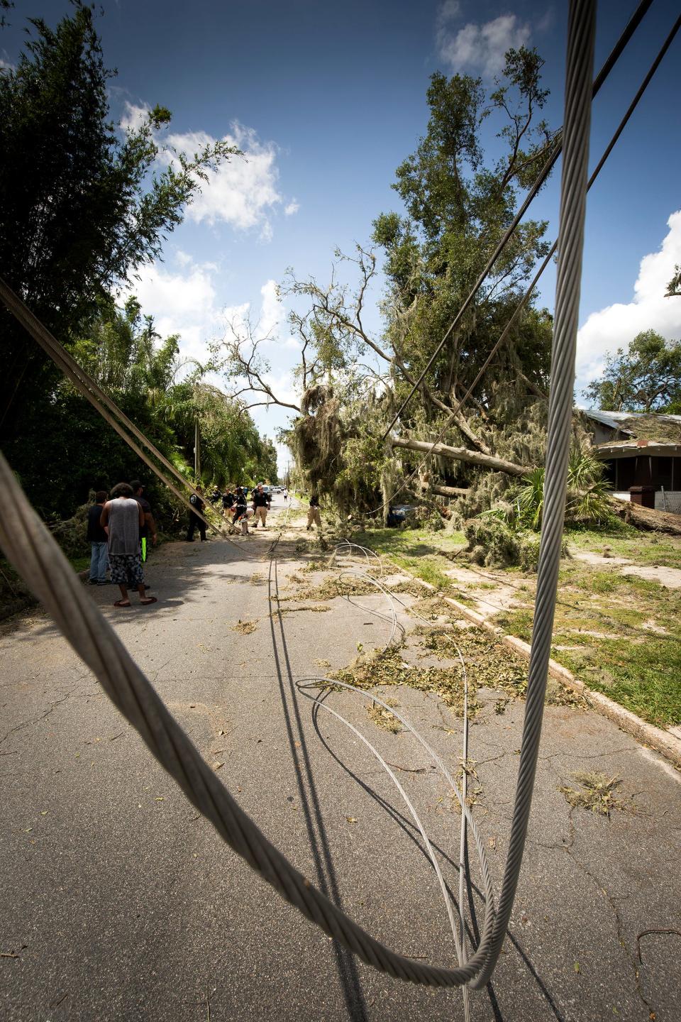 Florida Highway Patrol Troop C members clear a downed tree that crashed on a car and took down power lines in the Dixieland area of Lakeland after Hurricane Irma in 2017.