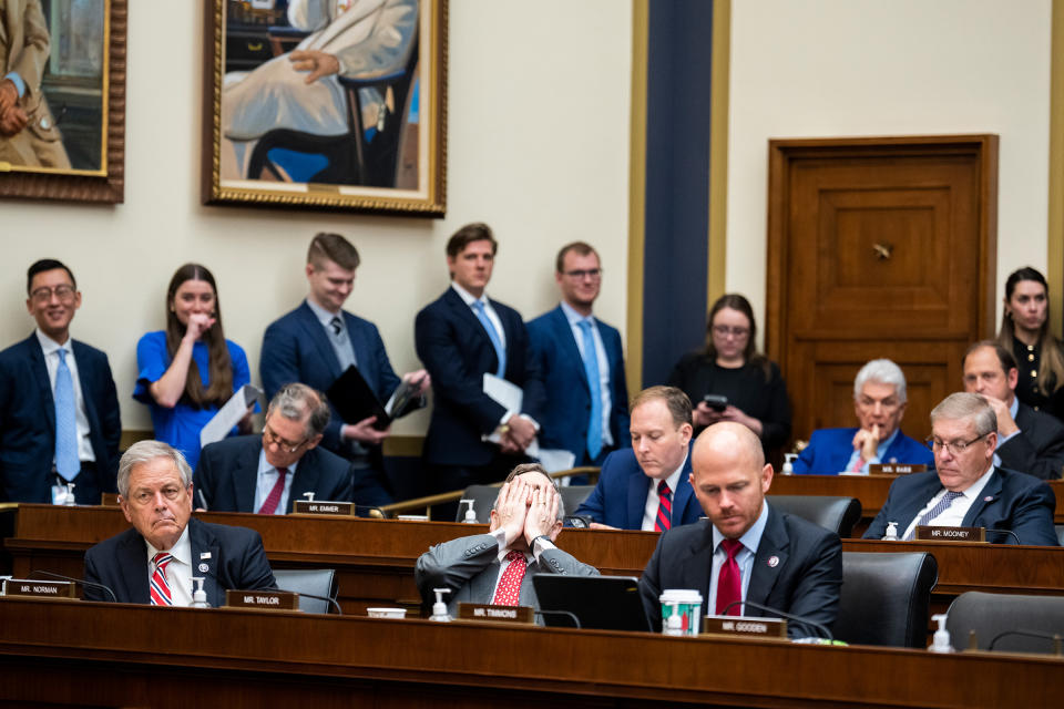 Rep. Van Taylor, R-Texas, reacts to the statement of John J. Ray III, CEO of FTX Group, that FTX used QuickBooks for accounting, during the House Financial Services Committee hearing titled "Investigating the Collapse of FTX, Part I," on Dec. 13, 2022. Ray took over after the resignation of Sam Bankman-Fried.<span class="copyright">Tom Williams—CQ Roll Call/AP</span>