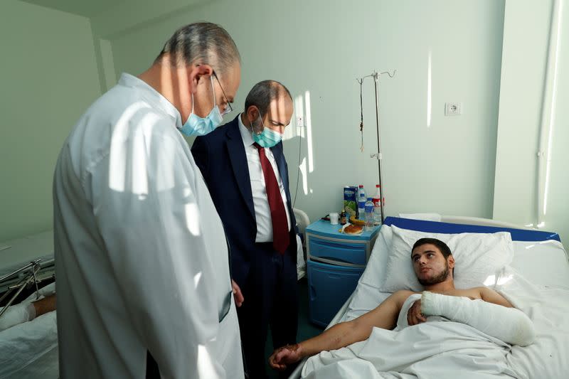 Armenian Prime Minister Nikol Pashinyan visits a military hospital in Yerevan