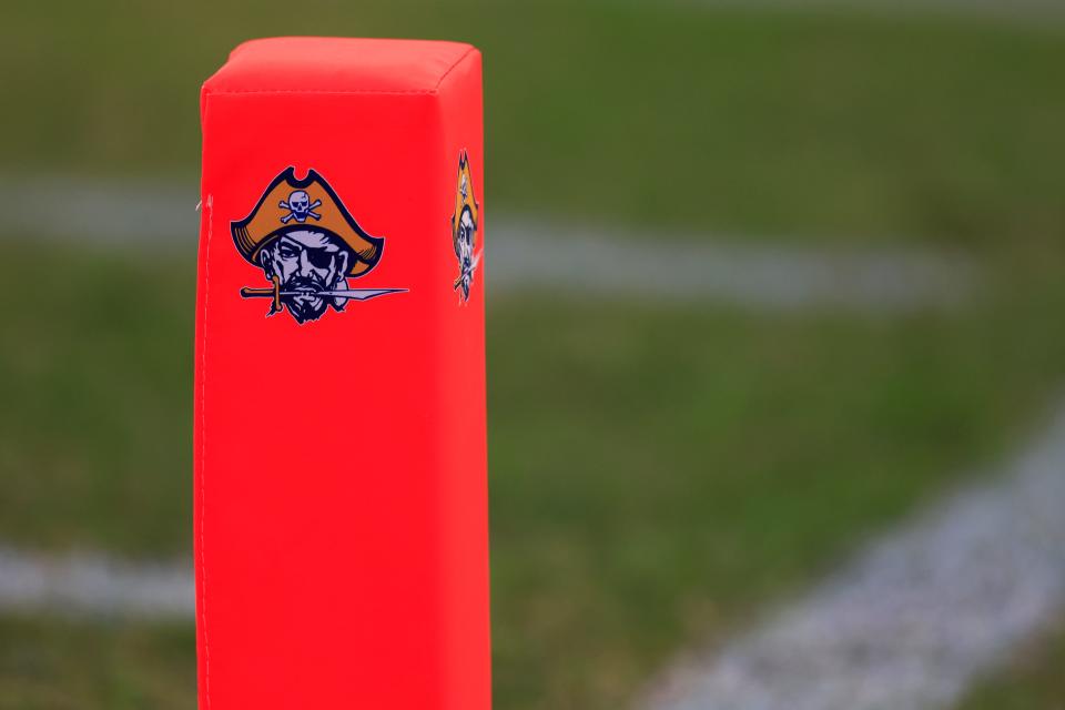 A Fernandina Beach Pirates-branded pylon is shown during the first quarter of a high school football matchup Friday, Sept. 29, 2023 at Fernandina Beach High School in Fernandina Beach, Fla. Yulee defeated Fernandina Beach 26-14. [Corey Perrine/Florida Times-Union]