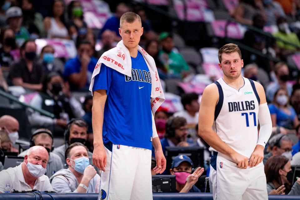 Kristaps Porzingis (left) and Luka Doncic (77) were Dallas Mavericks teammates for two-plus seasons before Porzingis was traded to the Washington Wizards in 2022.