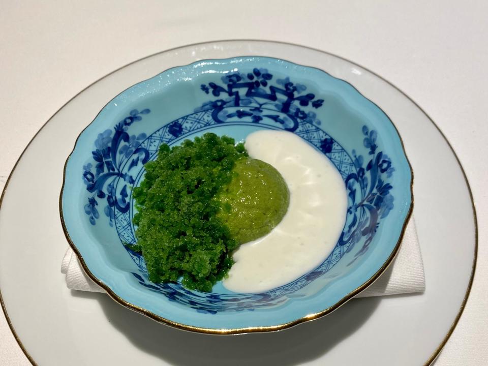 green stuff in a blue bowl at Osteria Francescana