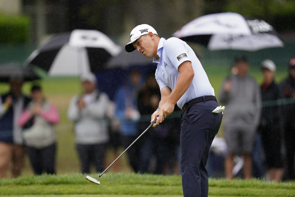 Justin Lower follows his putt on the first green of the Silverado Resort North Course during the final round of the Fortinet Championship PGA golf tournament in Napa, Calif., Sunday, Sept. 18, 2022. (AP Photo/Eric Risberg)